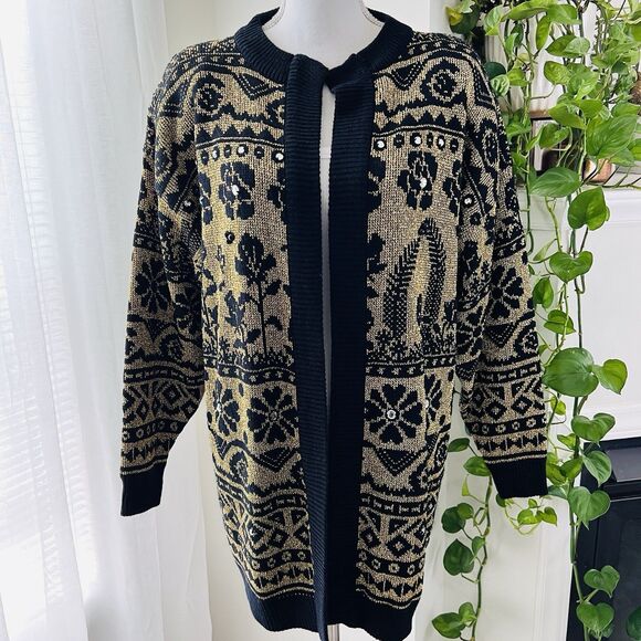 Vintage Maurada Gold & Black Metallic Shimmery Long Cardigan Sweater - XL - Picture 2 of 12